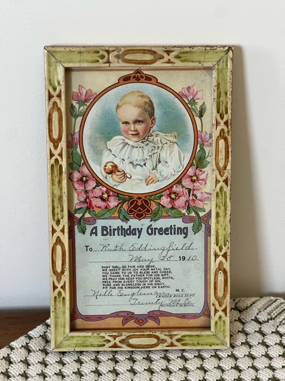 Antique 1910 Cradle Roll Birthday Certificate Trinity M.E. Sunday School Framed